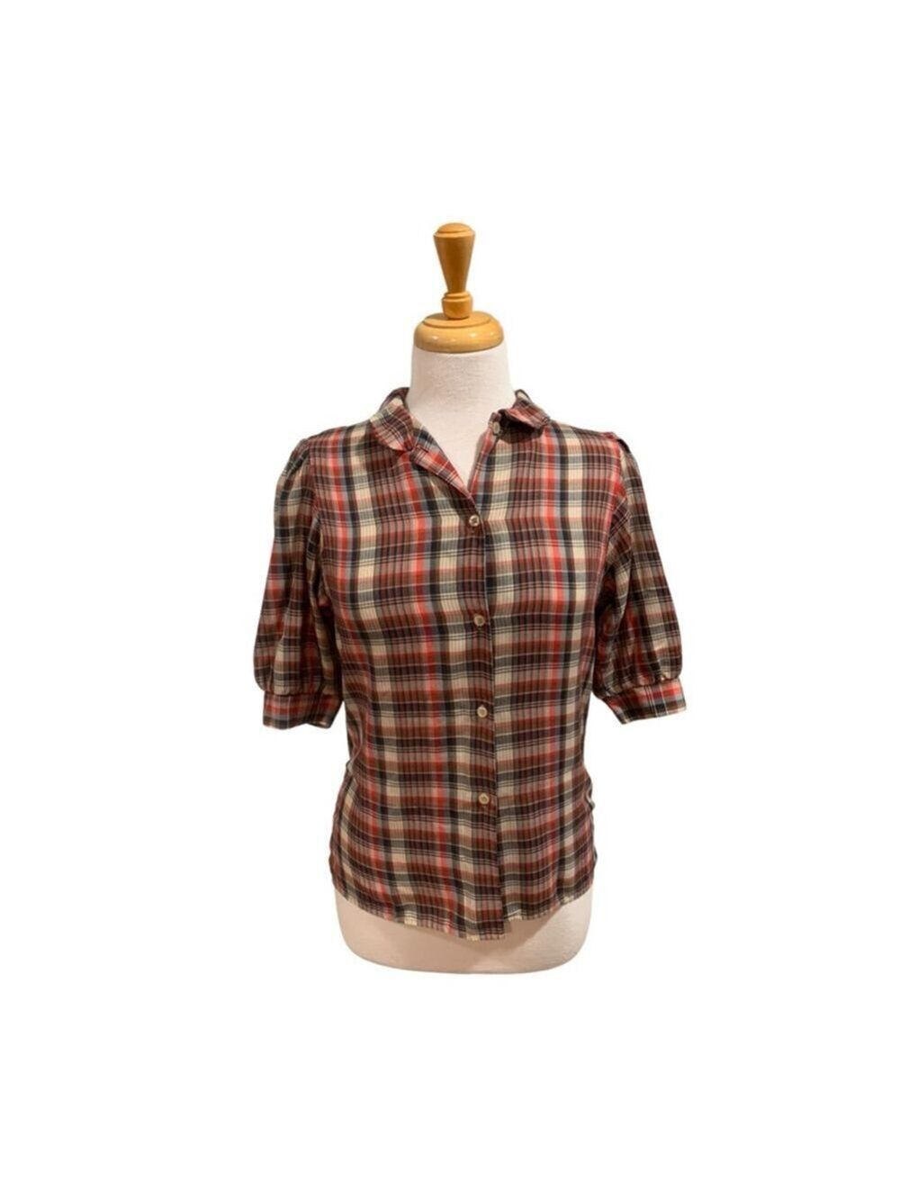 Vntg 80’s Women's White Stag Plaid Button Down short sleeved Shirt Red Brown M